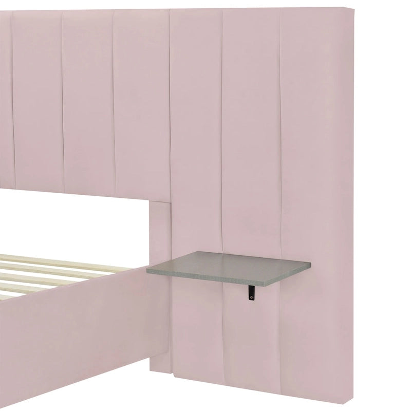 Lit plateforme tapissé grand format avec grande tête de lit, velours, beige