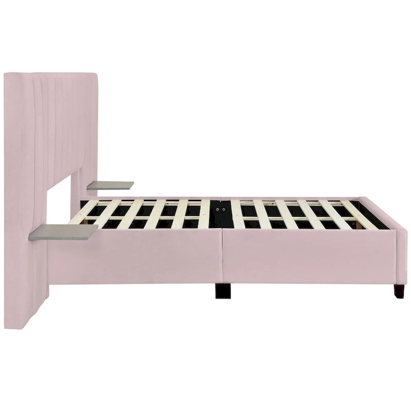 Lit plateforme tapissé grand format avec grande tête de lit, velours, beige