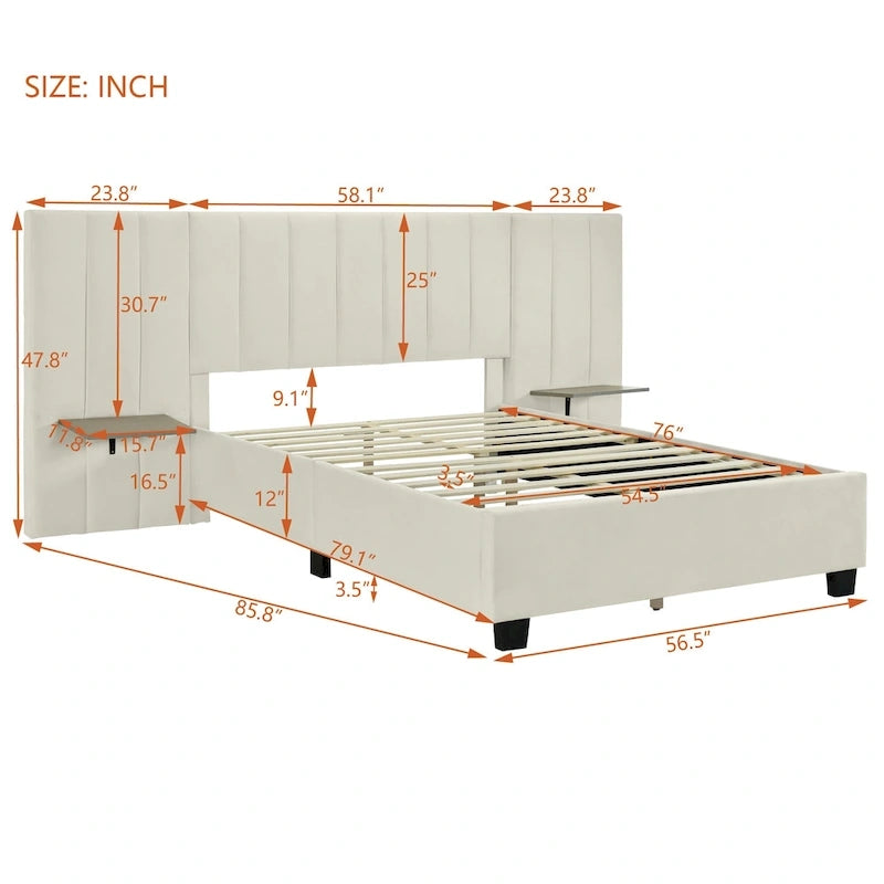 Lit plateforme tapissé grand format avec grande tête de lit, velours, beige