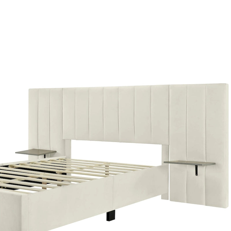 Lit plateforme tapissé grand format avec grande tête de lit, velours, beige