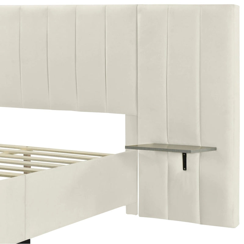 Lit plateforme tapissé grand format avec grande tête de lit, velours, beige