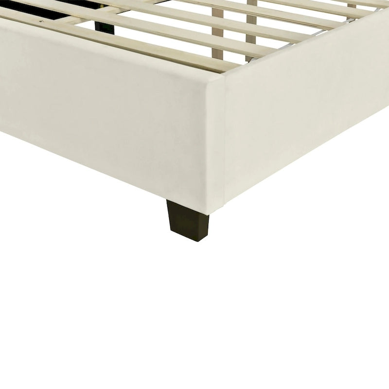 Lit plateforme tapissé grand format avec grande tête de lit, velours, beige