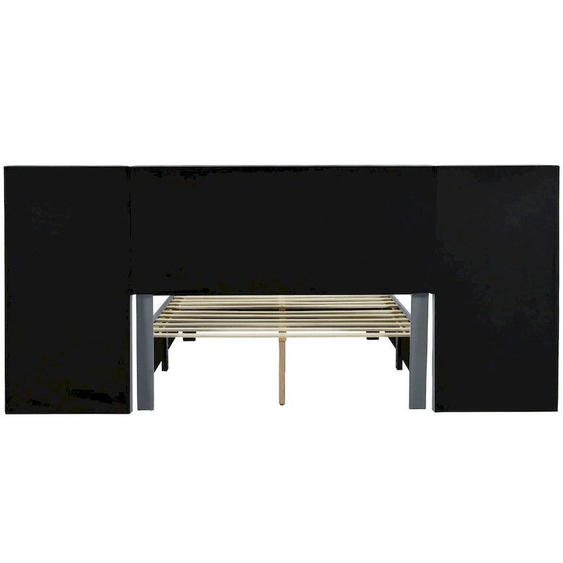 Lit plateforme tapissé grand format avec grande tête de lit, velours, beige