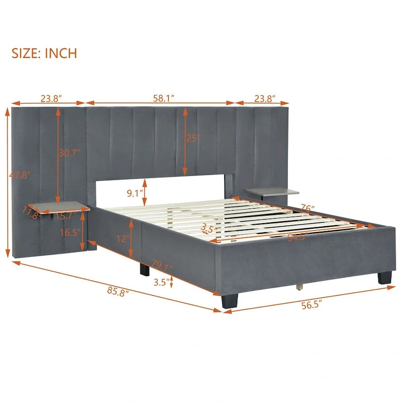 Lit plateforme tapissé grand format avec grande tête de lit, velours, beige