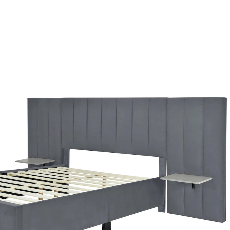 Lit plateforme tapissé grand format avec grande tête de lit, velours, beige