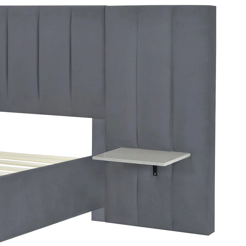 Lit plateforme tapissé grand format avec grande tête de lit, velours, beige