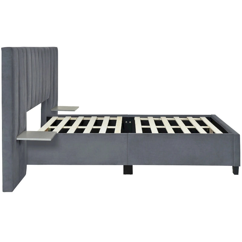 Lit plateforme tapissé grand format avec grande tête de lit, velours, beige