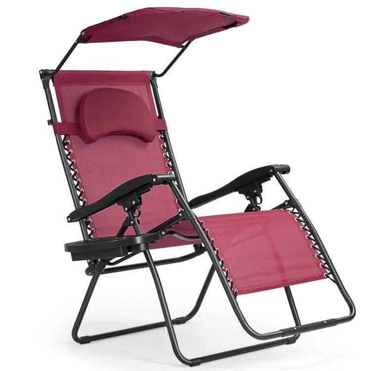 Chaise longue inclinable portable avec pare-soleil, porte-gobelet et conception pliable - Rouge foncé