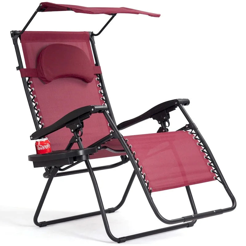 Portable Reclining Lounge Chair with Sunshade, Cup Holder, and Folding Design - Dark Red