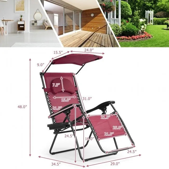 Chaise longue inclinable portable avec pare-soleil, porte-gobelet et conception pliable - Rouge foncé