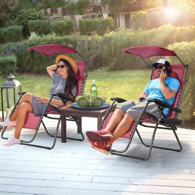 Chaise longue inclinable portable avec pare-soleil, porte-gobelet et conception pliable - Rouge foncé