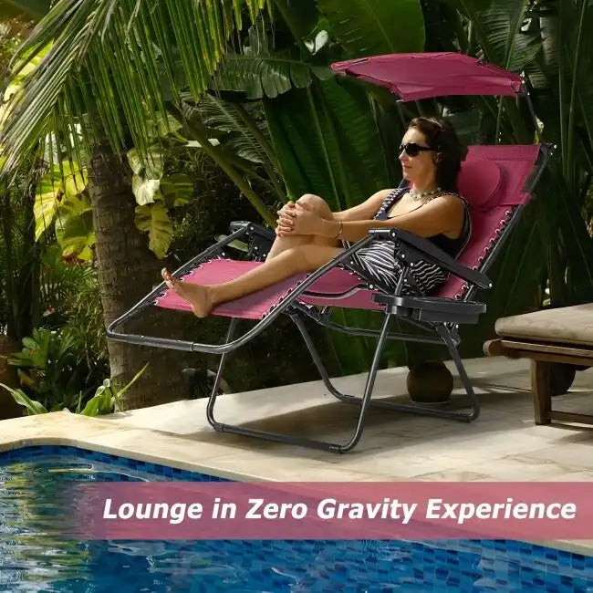 Chaise longue inclinable portable avec pare-soleil, porte-gobelet et conception pliable - Rouge foncé