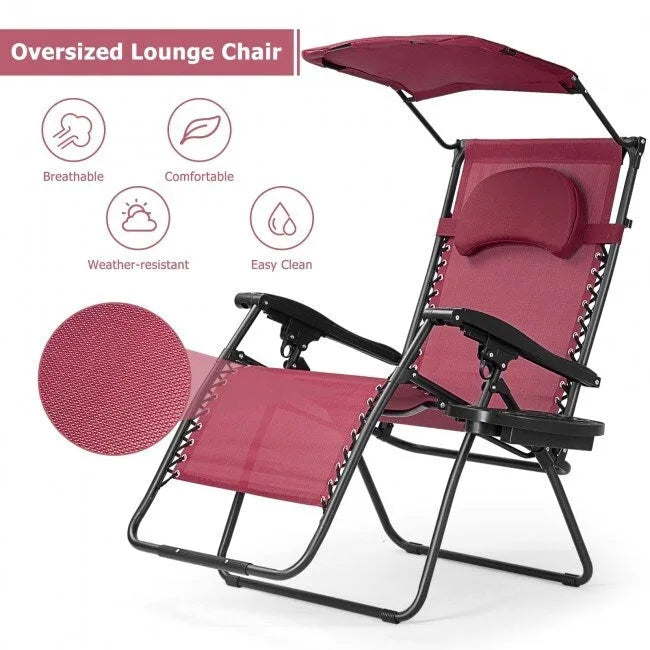 Chaise longue inclinable portable avec pare-soleil, porte-gobelet et conception pliable - Rouge foncé