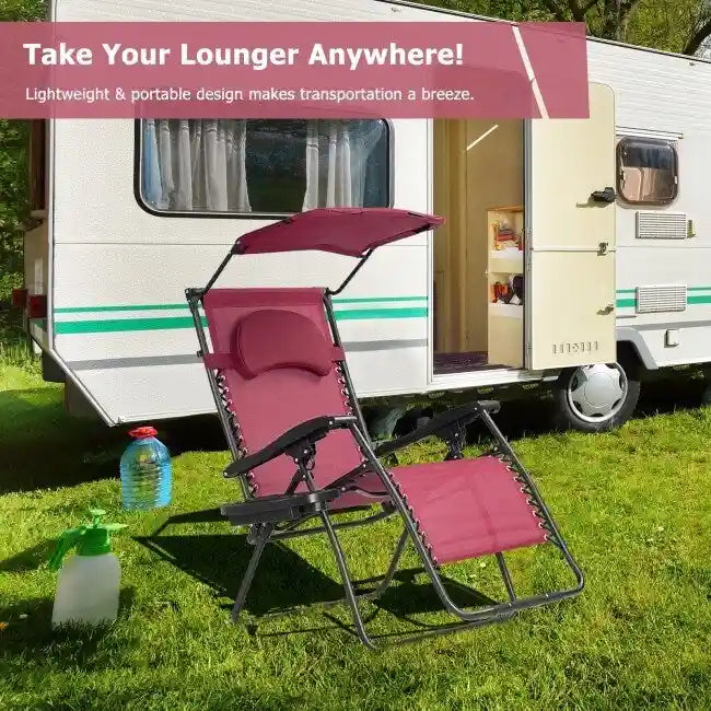 Chaise longue inclinable portable avec pare-soleil, porte-gobelet et conception pliable - Rouge foncé