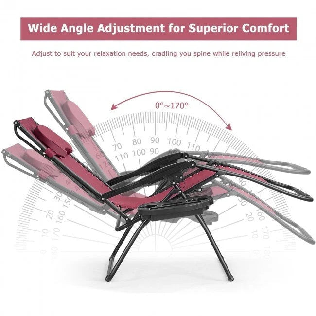 Chaise longue inclinable portable avec pare-soleil, porte-gobelet et conception pliable - Rouge foncé