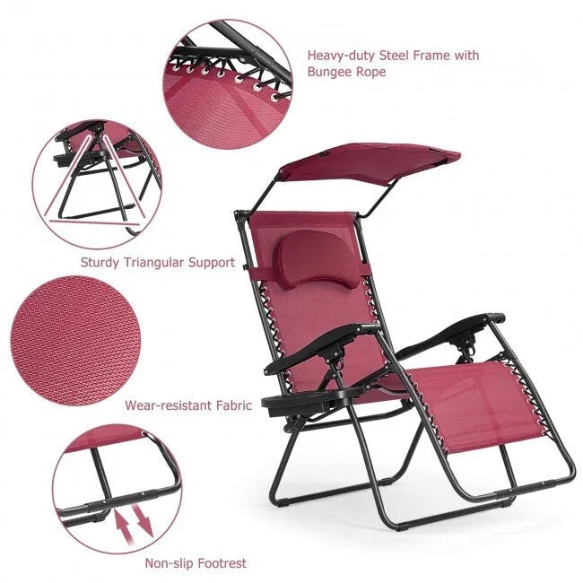 Chaise longue inclinable portable avec pare-soleil, porte-gobelet et conception pliable - Rouge foncé