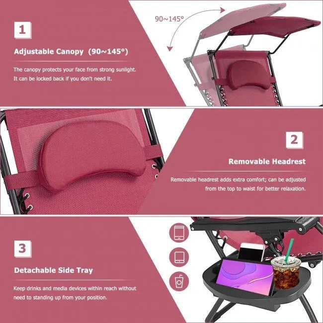 Chaise longue inclinable portable avec pare-soleil, porte-gobelet et conception pliable - Rouge foncé