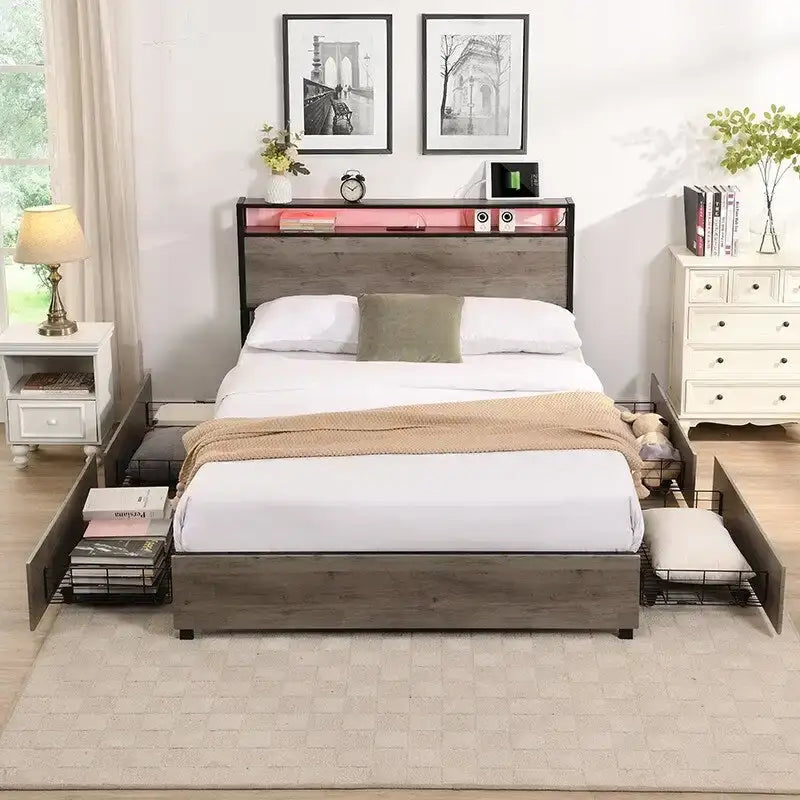 Bed Frame with Storage Headboard Charging Station, Solid and Stable,