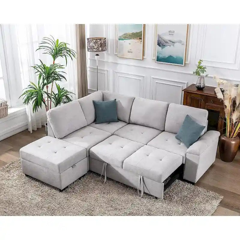 Canapé Sectionnel Convertible en Velours en Forme de L de 87,4 po, Canapé-Lit 5 Places avec 2 ports USB, Pouf de Rangement et Accoudoir de Rangement Caché