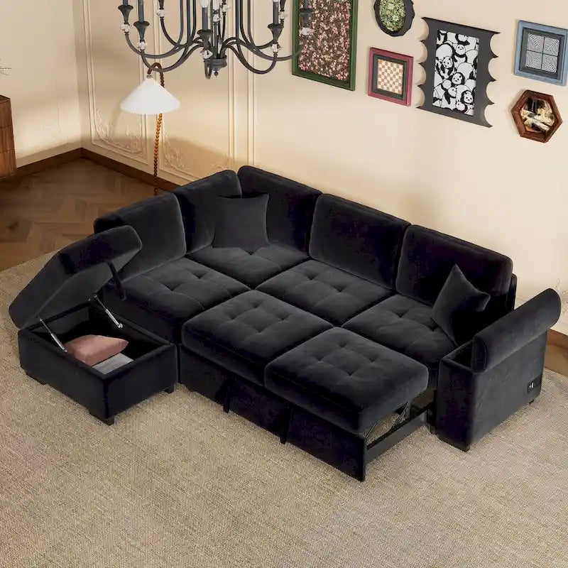 Canapé Sectionnel Convertible en Velours en Forme de L de 87,4 po, Canapé-Lit 5 Places avec 2 ports USB, Pouf de Rangement et Accoudoir de Rangement Caché