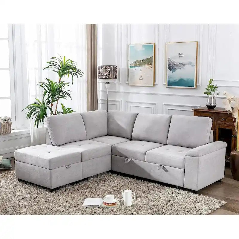 Canapé Sectionnel Convertible en Velours en Forme de L de 87,4 po, Canapé-Lit 5 Places avec 2 ports USB, Pouf de Rangement et Accoudoir de Rangement Caché
