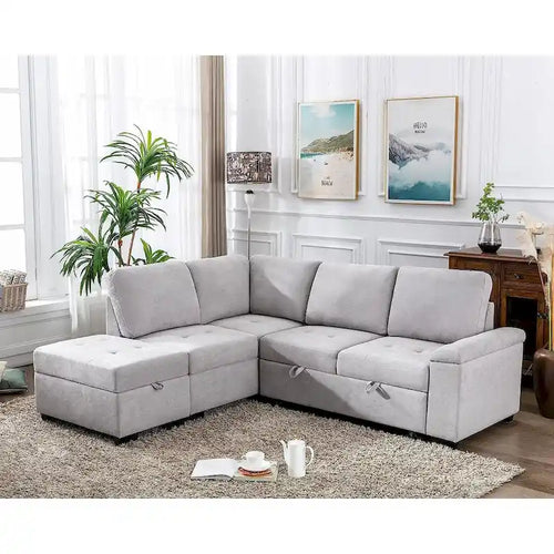 Canapé Sectionnel Convertible en Velours en Forme de L de 87,4 po, Canapé-Lit 5 Places avec 2 ports USB, Pouf de Rangement et Accoudoir de Rangement Caché