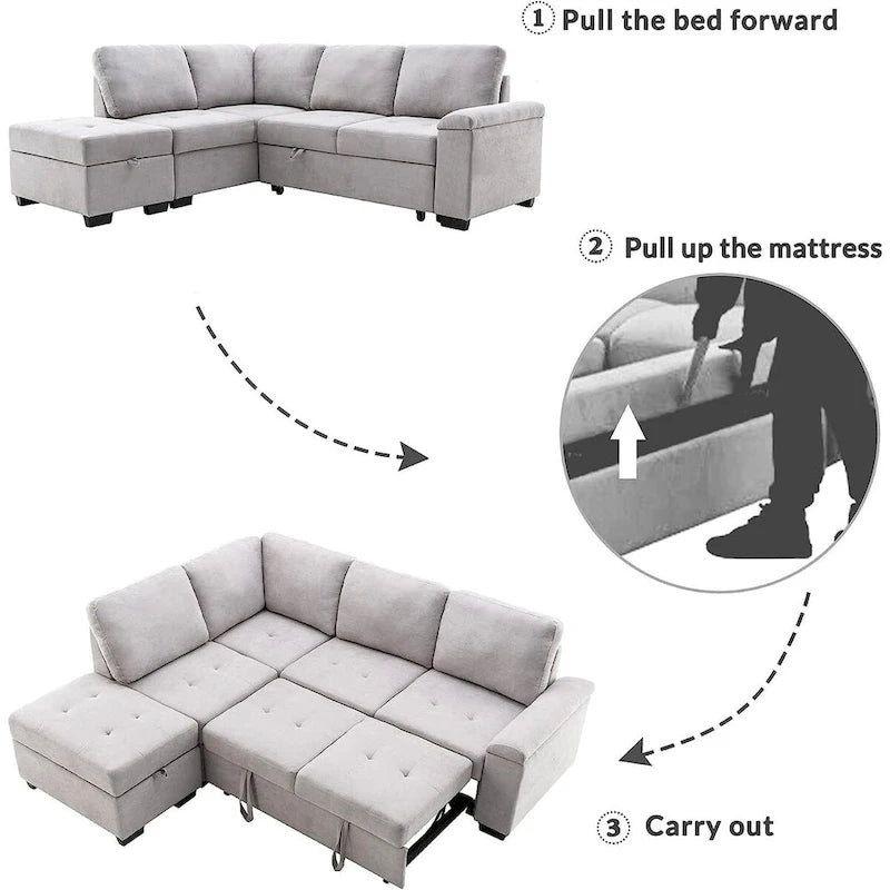 Canapé Sectionnel Convertible en Velours en Forme de L de 87,4 po, Canapé-Lit 5 Places avec 2 ports USB, Pouf de Rangement et Accoudoir de Rangement Caché