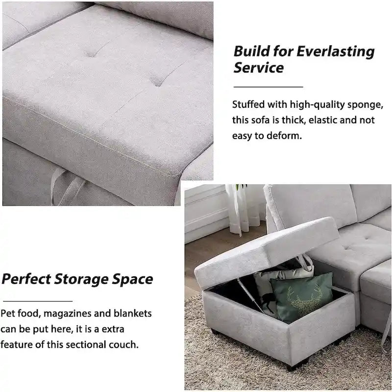 Canapé Sectionnel Convertible en Velours en Forme de L de 87,4 po, Canapé-Lit 5 Places avec 2 ports USB, Pouf de Rangement et Accoudoir de Rangement Caché