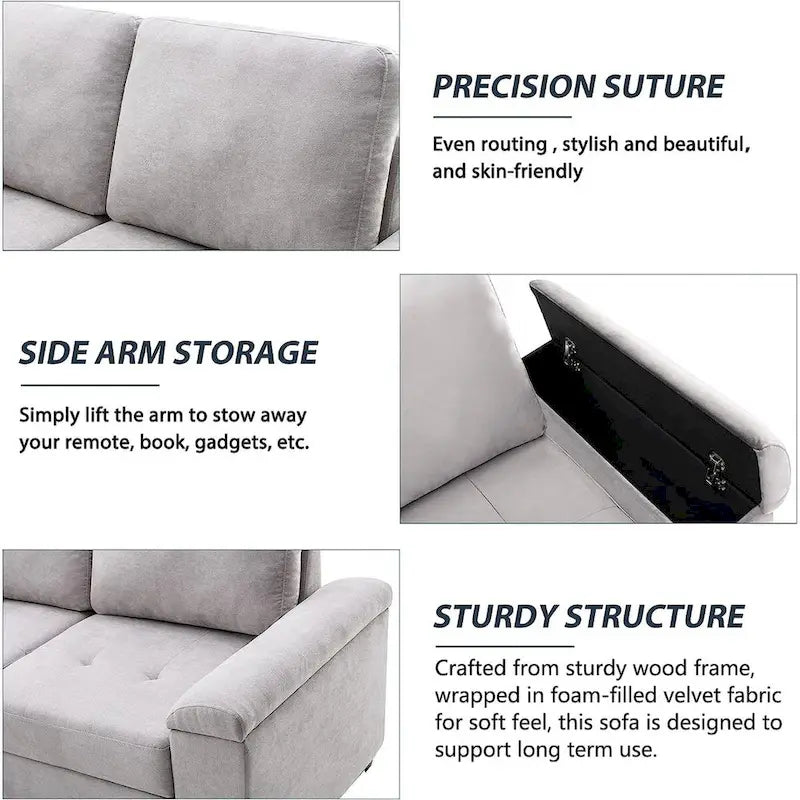 Canapé Sectionnel Convertible en Velours en Forme de L de 87,4 po, Canapé-Lit 5 Places avec 2 ports USB, Pouf de Rangement et Accoudoir de Rangement Caché