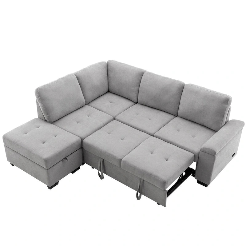 Canapé Sectionnel Convertible en Velours en Forme de L de 87,4 po, Canapé-Lit 5 Places avec 2 ports USB, Pouf de Rangement et Accoudoir de Rangement Caché