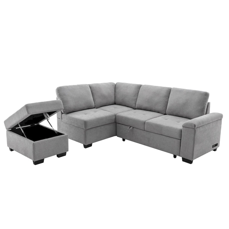 Canapé Sectionnel Convertible en Velours en Forme de L de 87,4 po, Canapé-Lit 5 Places avec 2 ports USB, Pouf de Rangement et Accoudoir de Rangement Caché