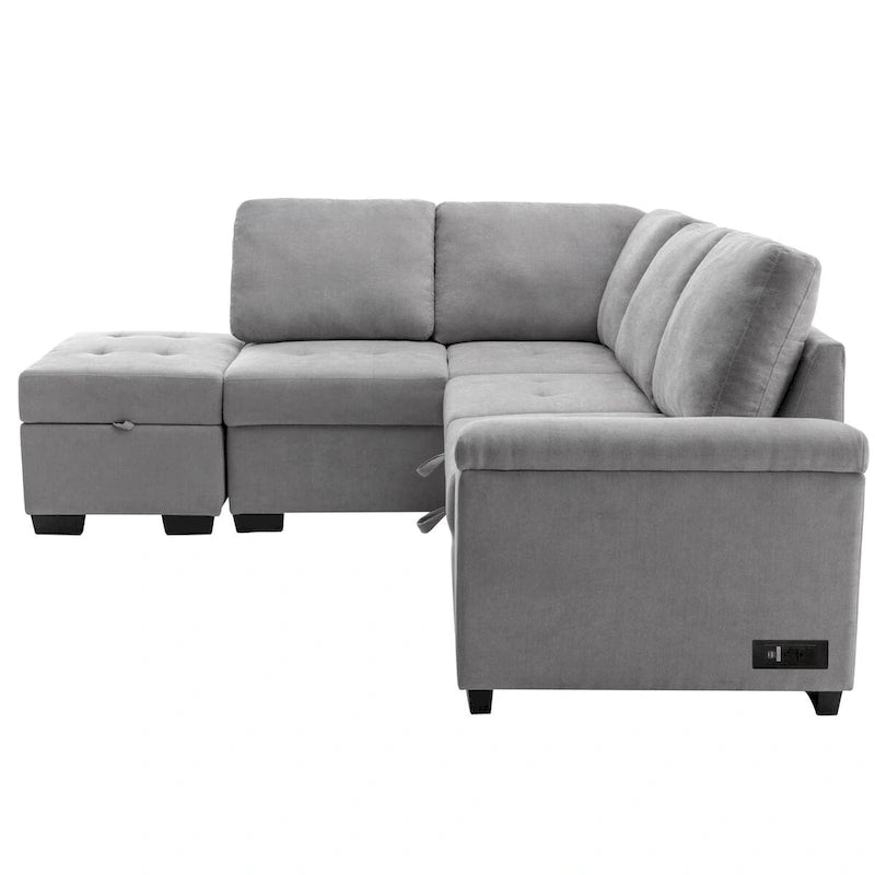 Canapé Sectionnel Convertible en Velours en Forme de L de 87,4 po, Canapé-Lit 5 Places avec 2 ports USB, Pouf de Rangement et Accoudoir de Rangement Caché