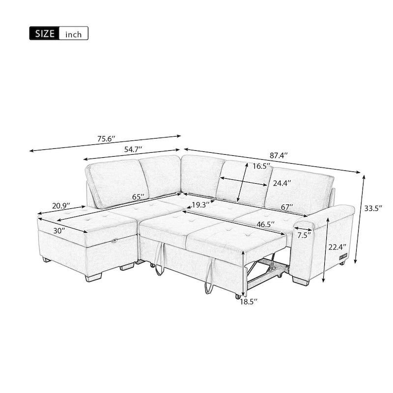 Canapé Sectionnel Convertible en Velours en Forme de L de 87,4 po, Canapé-Lit 5 Places avec 2 ports USB, Pouf de Rangement et Accoudoir de Rangement Caché