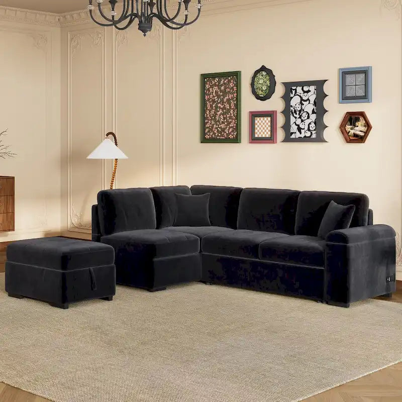 Canapé Sectionnel Convertible en Velours en Forme de L de 87,4 po, Canapé-Lit 5 Places avec 2 ports USB, Pouf de Rangement et Accoudoir de Rangement Caché