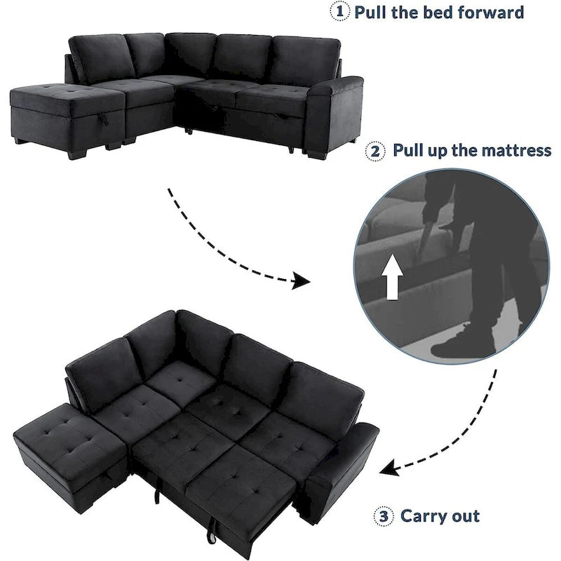 Canapé Sectionnel Convertible en Velours en Forme de L de 87,4 po, Canapé-Lit 5 Places avec 2 ports USB, Pouf de Rangement et Accoudoir de Rangement Caché