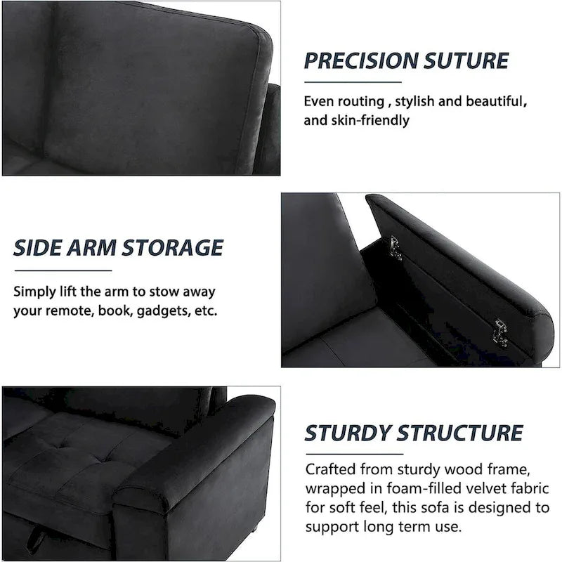 Canapé Sectionnel Convertible en Velours en Forme de L de 87,4 po, Canapé-Lit 5 Places avec 2 ports USB, Pouf de Rangement et Accoudoir de Rangement Caché