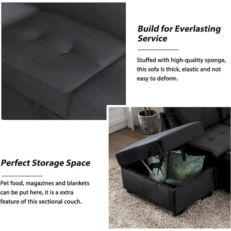 Canapé Sectionnel Convertible en Velours en Forme de L de 87,4 po, Canapé-Lit 5 Places avec 2 ports USB, Pouf de Rangement et Accoudoir de Rangement Caché