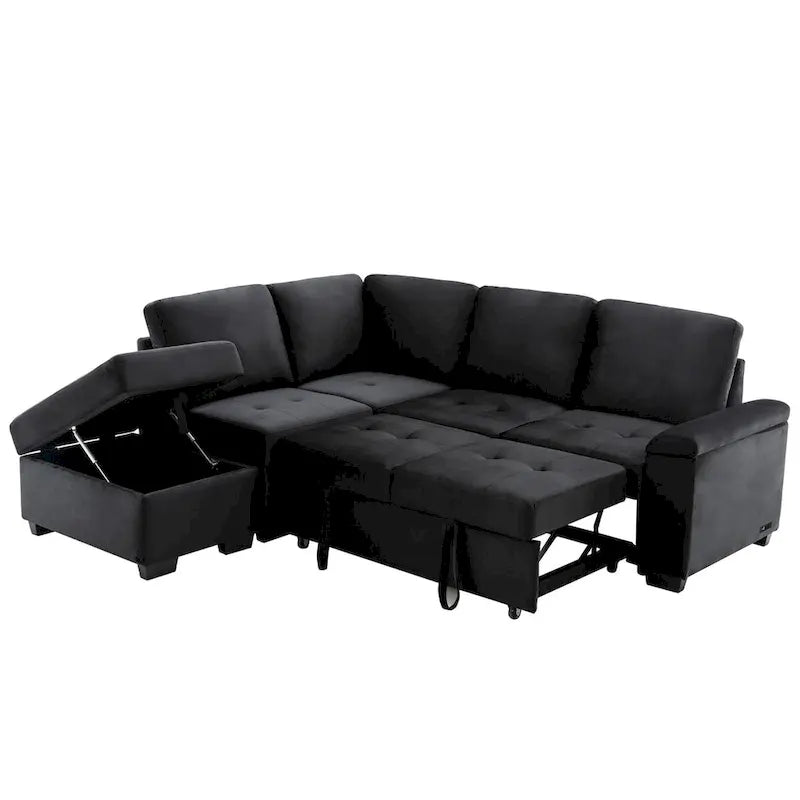 Canapé Sectionnel Convertible en Velours en Forme de L de 87,4 po, Canapé-Lit 5 Places avec 2 ports USB, Pouf de Rangement et Accoudoir de Rangement Caché