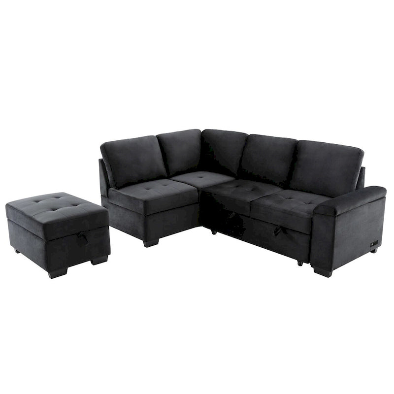 Canapé Sectionnel Convertible en Velours en Forme de L de 87,4 po, Canapé-Lit 5 Places avec 2 ports USB, Pouf de Rangement et Accoudoir de Rangement Caché