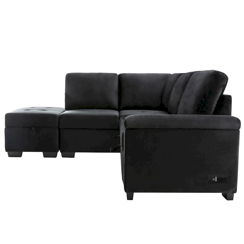 Canapé Sectionnel Convertible en Velours en Forme de L de 87,4 po, Canapé-Lit 5 Places avec 2 ports USB, Pouf de Rangement et Accoudoir de Rangement Caché