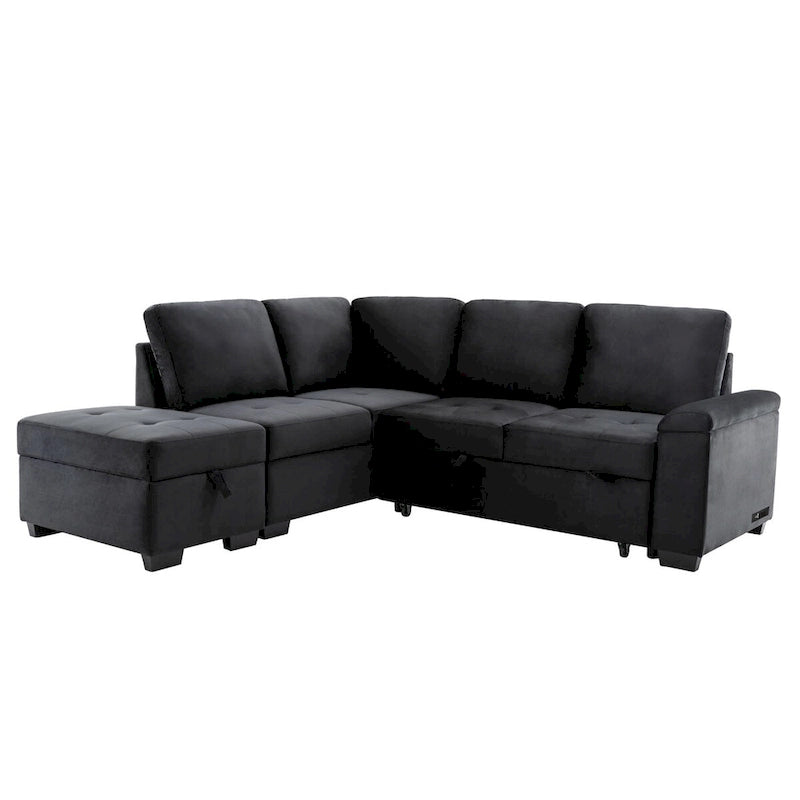 Canapé Sectionnel Convertible en Velours en Forme de L de 87,4 po, Canapé-Lit 5 Places avec 2 ports USB, Pouf de Rangement et Accoudoir de Rangement Caché