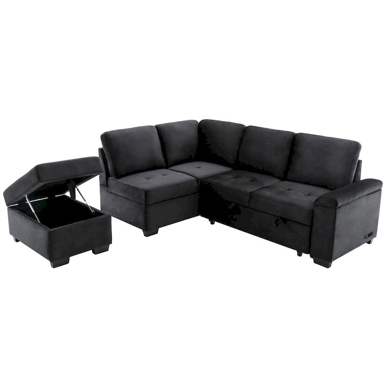 Canapé Sectionnel Convertible en Velours en Forme de L de 87,4 po, Canapé-Lit 5 Places avec 2 ports USB, Pouf de Rangement et Accoudoir de Rangement Caché