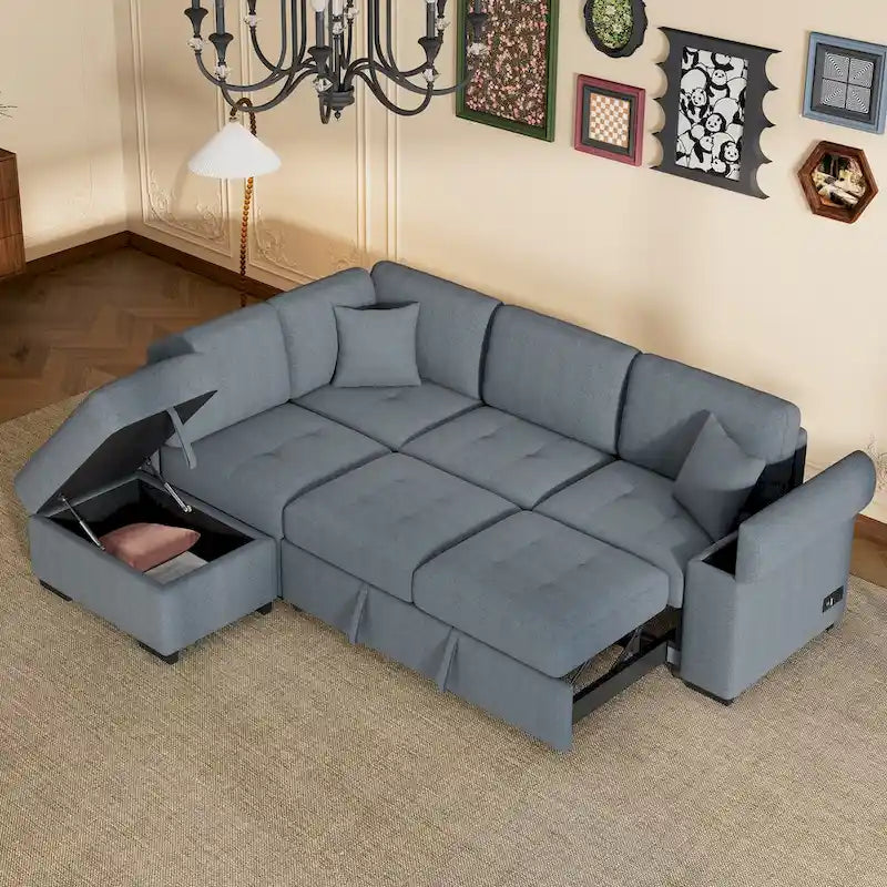 Canapé Sectionnel Convertible en Velours en Forme de L de 87,4 po, Canapé-Lit 5 Places avec 2 ports USB, Pouf de Rangement et Accoudoir de Rangement Caché