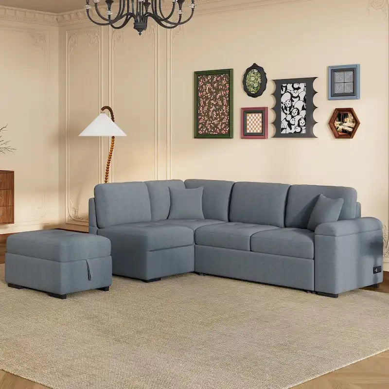 Canapé Sectionnel Convertible en Velours en Forme de L de 87,4 po, Canapé-Lit 5 Places avec 2 ports USB, Pouf de Rangement et Accoudoir de Rangement Caché