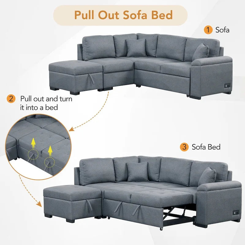 Canapé Sectionnel Convertible en Velours en Forme de L de 87,4 po, Canapé-Lit 5 Places avec 2 ports USB, Pouf de Rangement et Accoudoir de Rangement Caché