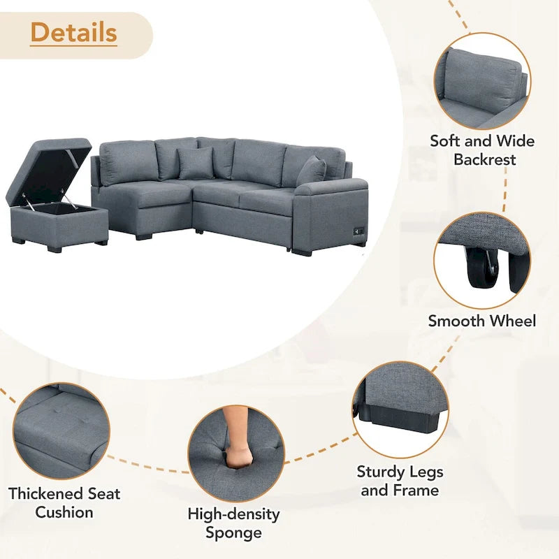 Canapé Sectionnel Convertible en Velours en Forme de L de 87,4 po, Canapé-Lit 5 Places avec 2 ports USB, Pouf de Rangement et Accoudoir de Rangement Caché