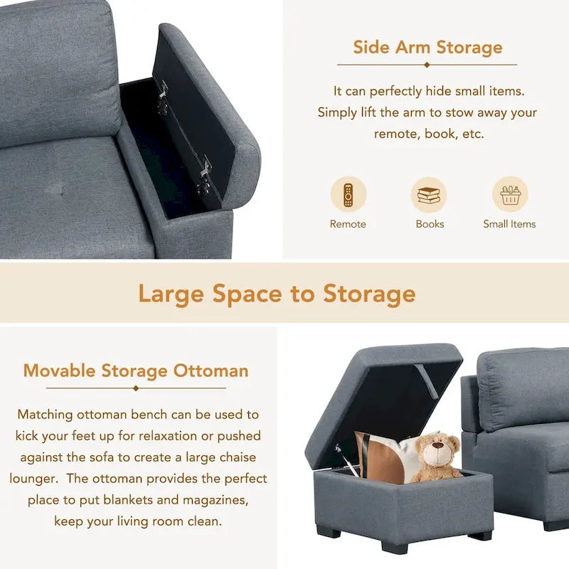 Canapé Sectionnel Convertible en Velours en Forme de L de 87,4 po, Canapé-Lit 5 Places avec 2 ports USB, Pouf de Rangement et Accoudoir de Rangement Caché