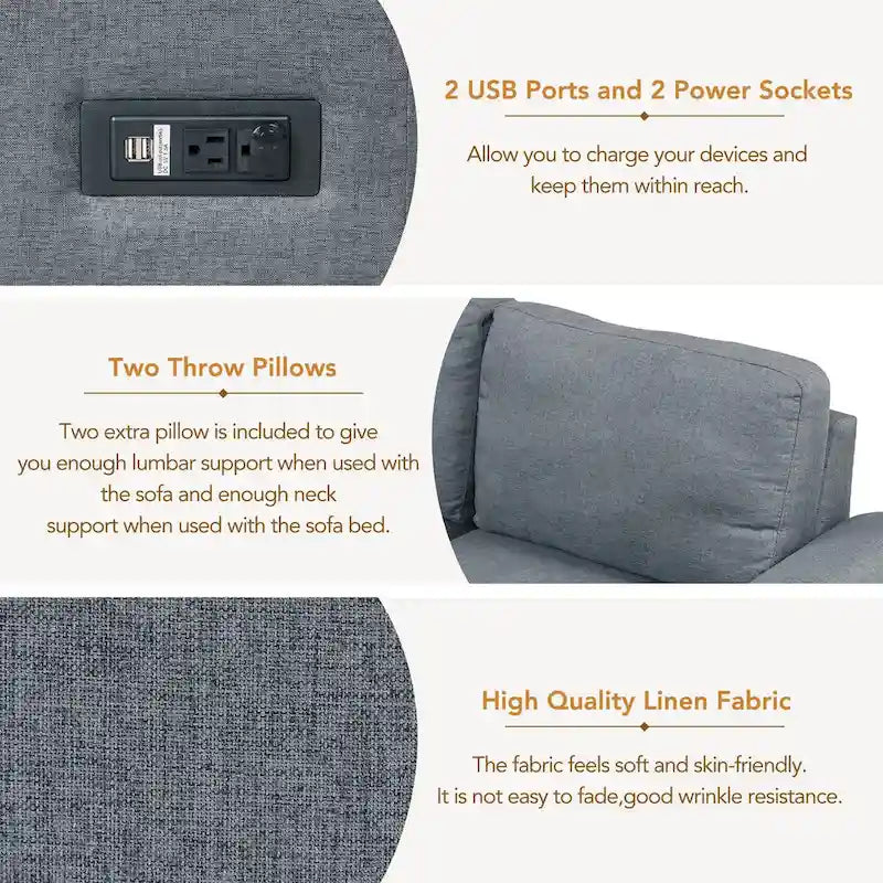 Canapé Sectionnel Convertible en Velours en Forme de L de 87,4 po, Canapé-Lit 5 Places avec 2 ports USB, Pouf de Rangement et Accoudoir de Rangement Caché