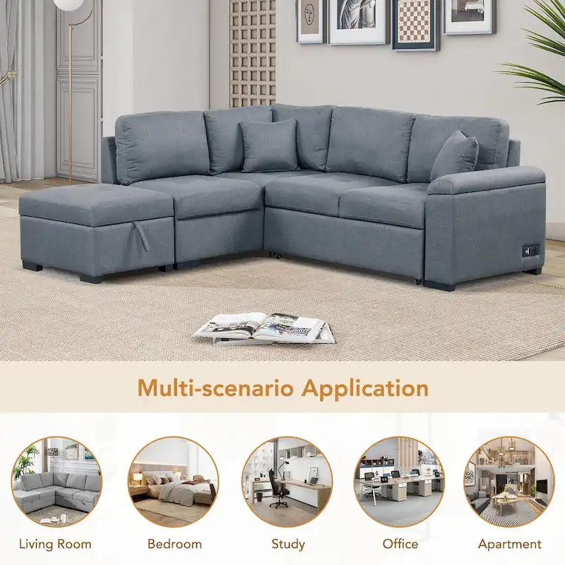 Canapé Sectionnel Convertible en Velours en Forme de L de 87,4 po, Canapé-Lit 5 Places avec 2 ports USB, Pouf de Rangement et Accoudoir de Rangement Caché