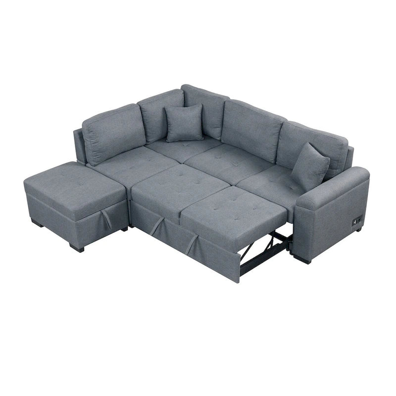 Canapé Sectionnel Convertible en Velours en Forme de L de 87,4 po, Canapé-Lit 5 Places avec 2 ports USB, Pouf de Rangement et Accoudoir de Rangement Caché